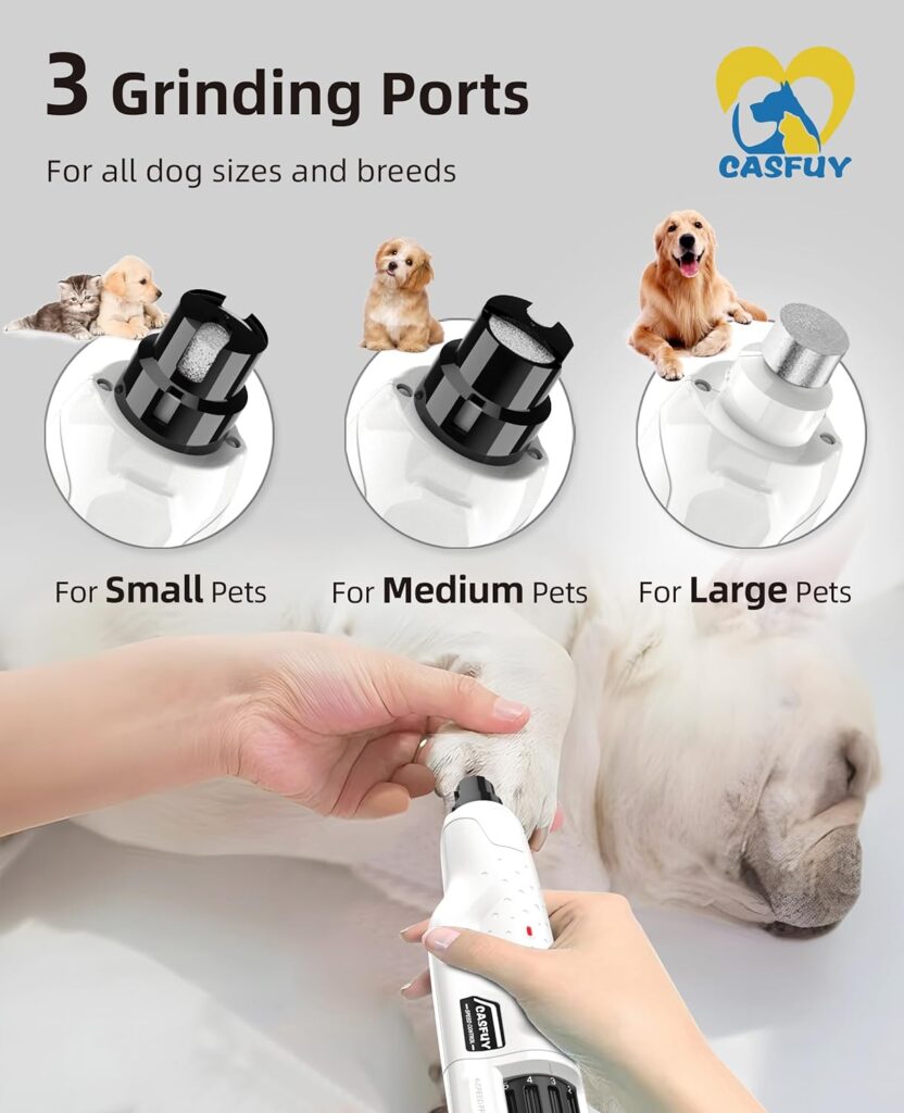 Casfuy Dog Nail Grinder Quiet - (45db) 6-Speed Pet Nail Grinder with 2 LED Lights for Large Medium Small Puppy Dogs/Cats, Professional 3 Ports Rechargeable Electric Dog Nail Trimmer with Dust Cap(W)