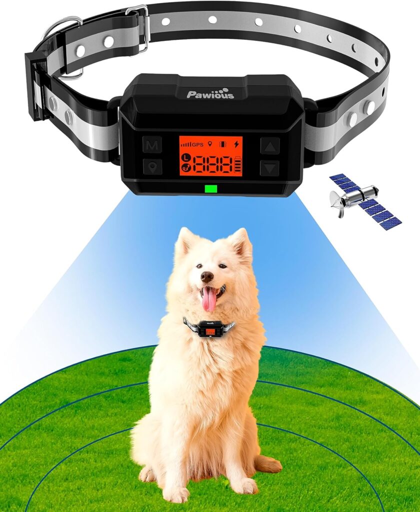 Pawious GPS Dog Fence - 2nd Gen with GPS Signal Boost and AI Scene Recognition - Radius 98-3300ft, IPX7 Waterproof, Wireless Dog Fence for Medium and Large Dogs, Size 9-23in - The Newest Model