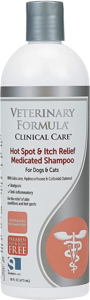 Veterinary Formula Clinical Care Hot Spot  Itch Relief Medicated Shampoo for Dogs and Cats 16oz – Helps Alleviate Sensitive Skin, Scratching, and Licking of Coat
