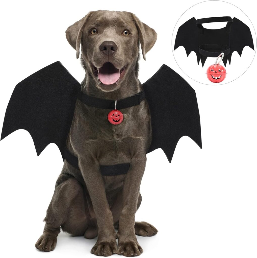 WHIPPY Dog Halloween Costume Black Dog Bat Winds Cosplay Dog Costume with Pumpkin Bell Puppy Pet Dress Up for Medium Large Dog