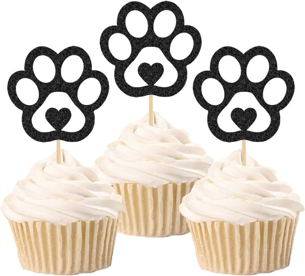 30pcs Glitter Dog Paw Cupcake Toppers Food Picks Puppy Dog Paw Heart Shaped Cake Decoration for Puppy Shower Dog Birthday Pet Theme Party Suppliers (Black)
