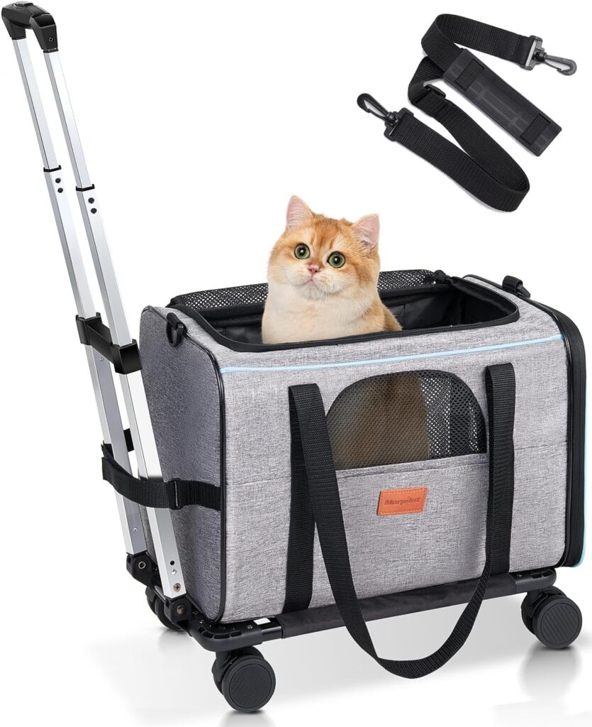 Morpilot Cat Carrier with Wheels Airline Approved, Pet Dog Carrier with Wheels for Small Dogs, Rolling Cat Carrier for Large Cats Puppy Stroller Detachable and Foldable Pet Travel Bag Gray