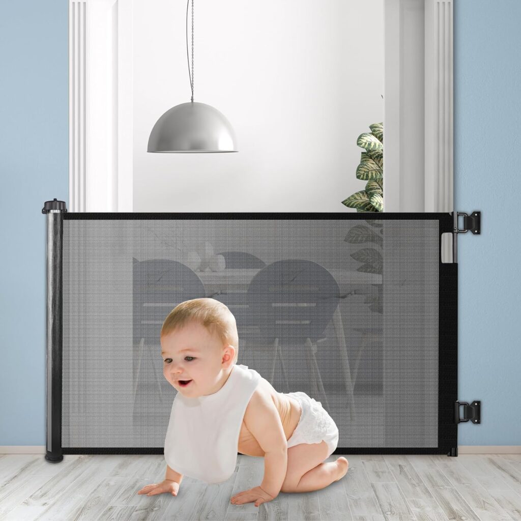 Retractable Baby Gates, Cufun Mesh Baby Gate for Child and Pet, Child Safety Gate for doorways, Stairs, Hallways, Extends up to 59 Wide, Indoor/Outdoor, Black