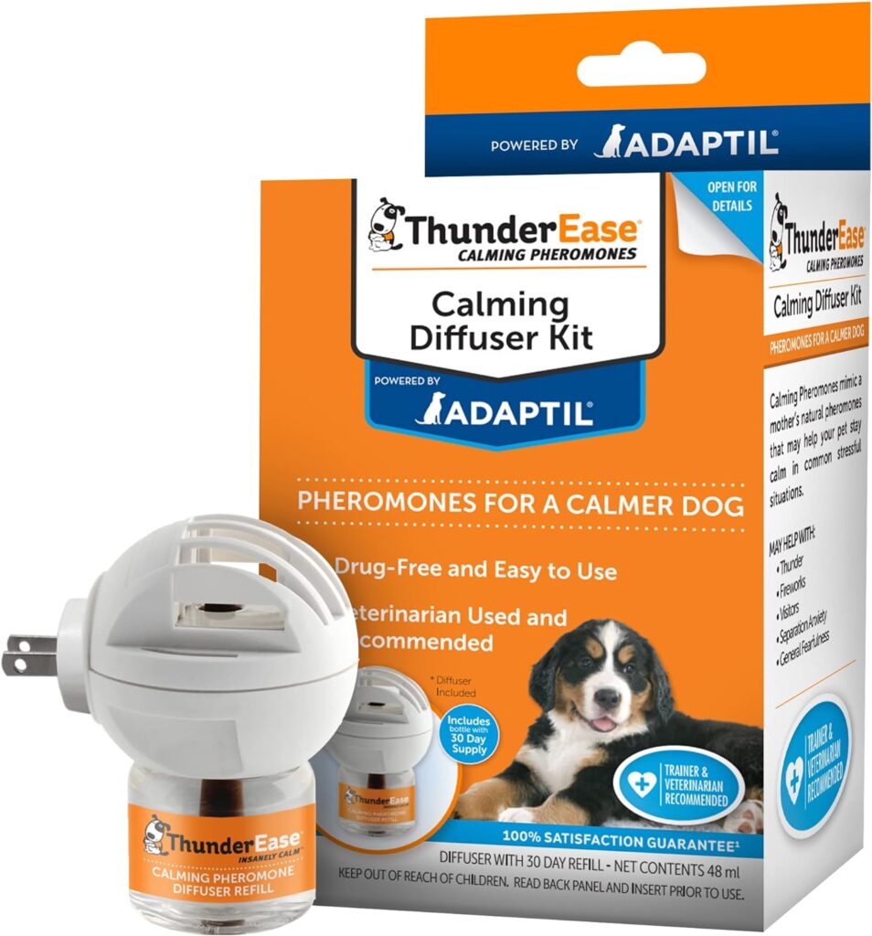 ThunderEase Dog Calming Pheromone Diffuser Kit | Powered by ADAPTIL | Vet Recommended to Relieve Separation Anxiety, Stress Barking  Chewing, and Fear of Fireworks  Thunderstorms (30 Day Supply)